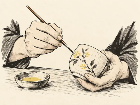 手元で陶器に絵付けするイラスト